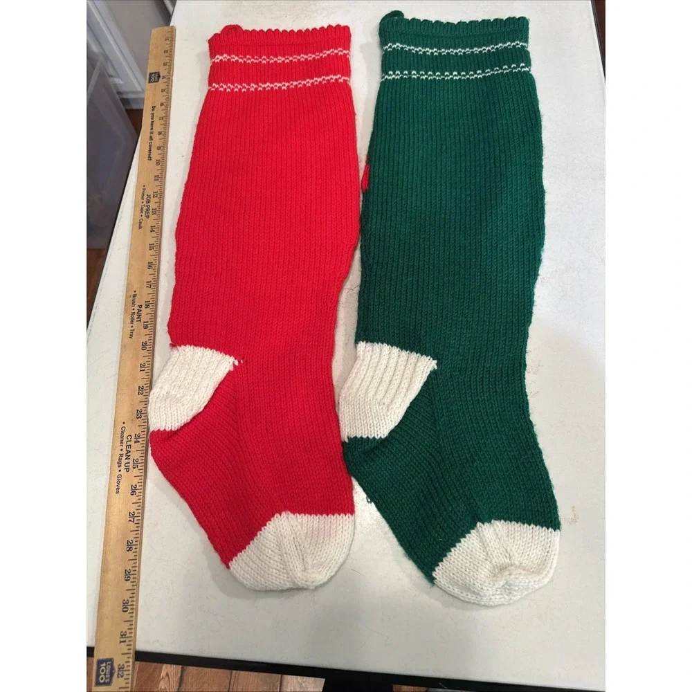 Hand Knit CHRISTMAS Stockings SANTA 3-D Holly and ANGEL‎ 3-D Wings XL 27